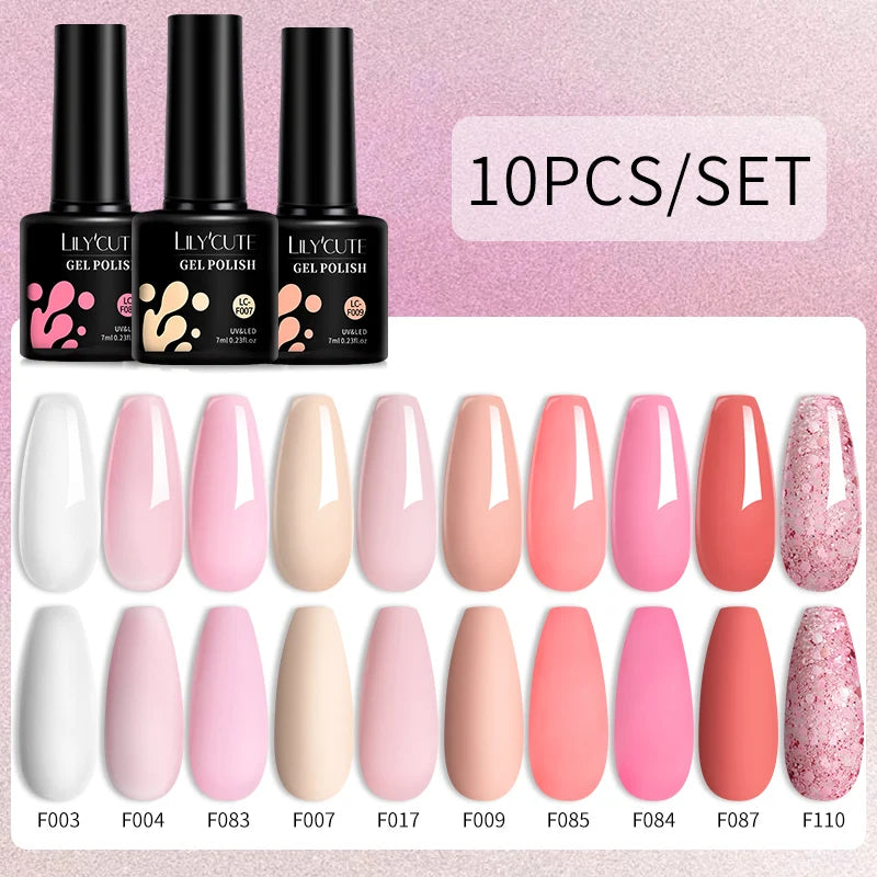 LILYCUTE 10PCS/Set Набір гель-лаків для нігтів Рожевий фіолетовий гель для нігтів Напівперманентний УФ світлодіодний лак Nail Art Design Soak Off Набір гелів для нігтів
