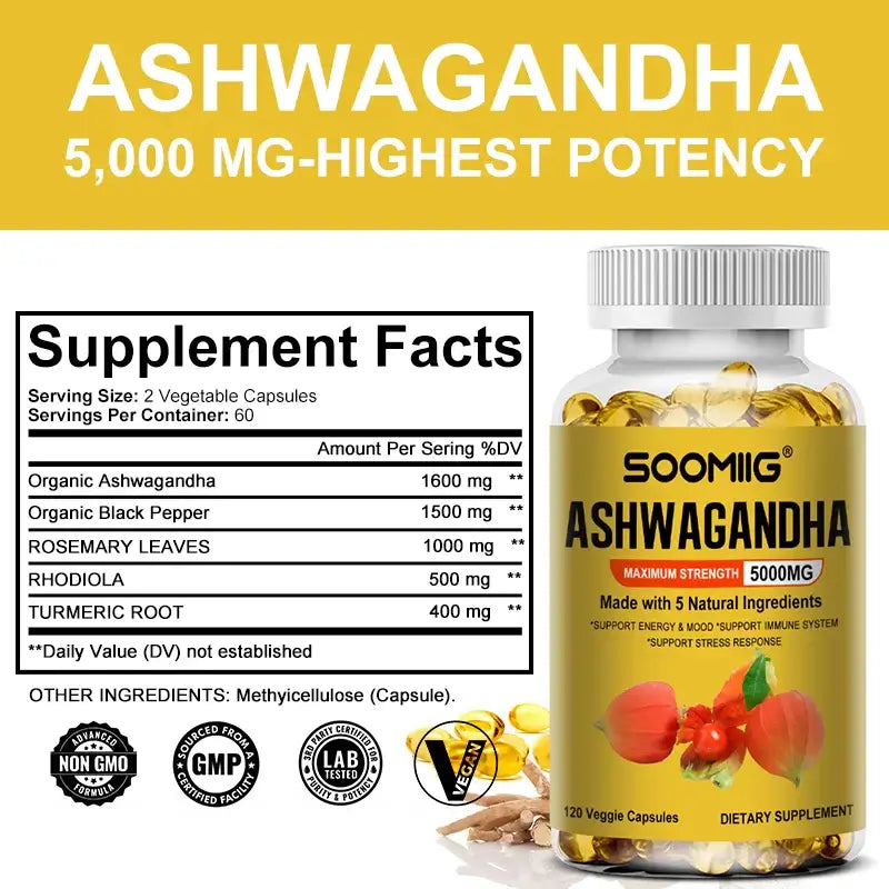 Soomiig Ashwagandha 5000 mg supplement with 120 capsules for energy, mood support, and stress response.