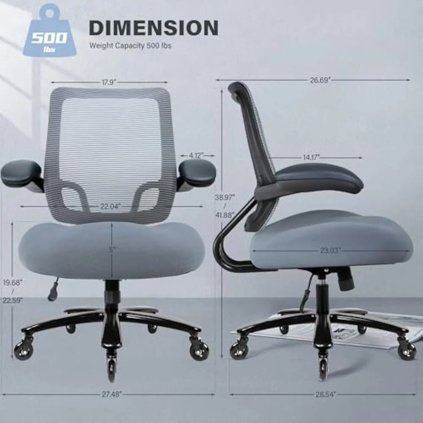 500lbs Big and Tall Office Chair - Heavy Duty Mesh Ergonomic Desk Chair, High Back Computer Chair - Flip-up Armrests, Wide Thic