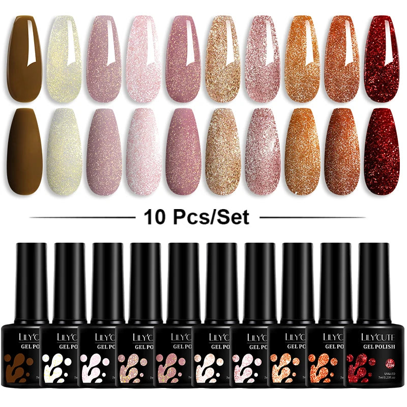 LILYCUTE 10PCS/Set Набір гель-лаків для нігтів Рожевий фіолетовий гель для нігтів Напівперманентний УФ світлодіодний лак Nail Art Design Soak Off Набір гелів для нігтів