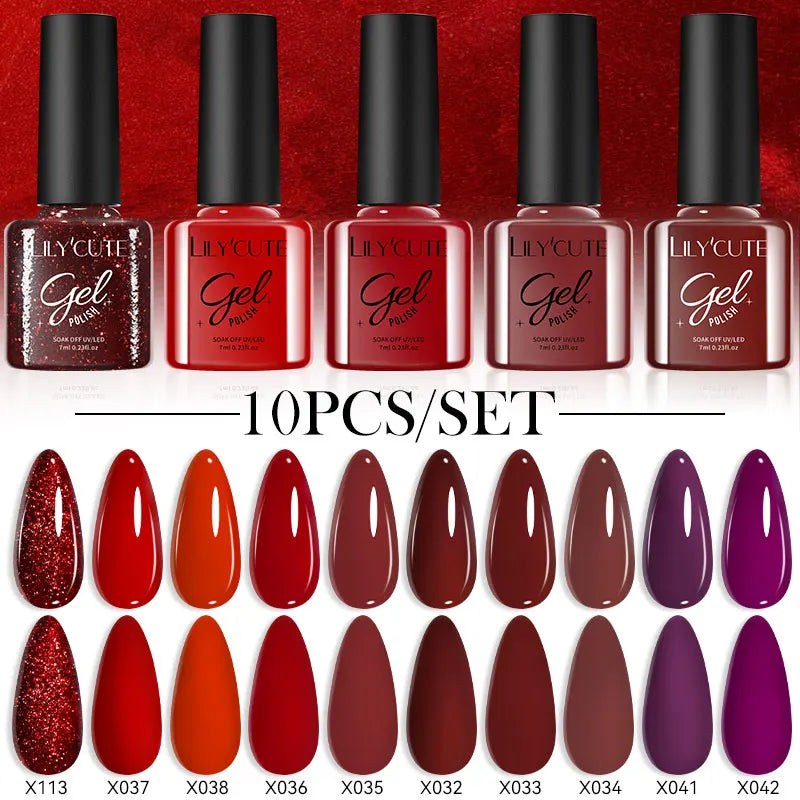 LILYCUTE 10PCS/Set Набір гель-лаків для нігтів Рожевий фіолетовий гель для нігтів Напівперманентний УФ світлодіодний лак Nail Art Design Soak Off Набір гелів для нігтів