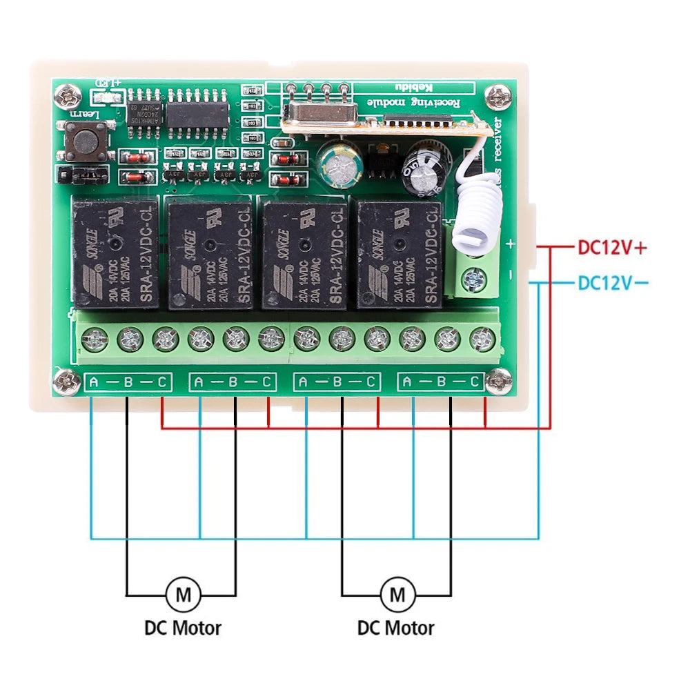 433Mhz DC 12V 20A 4CH Relay Module Receiver EV1527 Wireless Remote Control Switch 433Mhz for DC Motor DIY