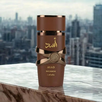 Lattafa Asad Bourbon Eau De Parfum 3.4 oz in elegant bottle against city skyline background.