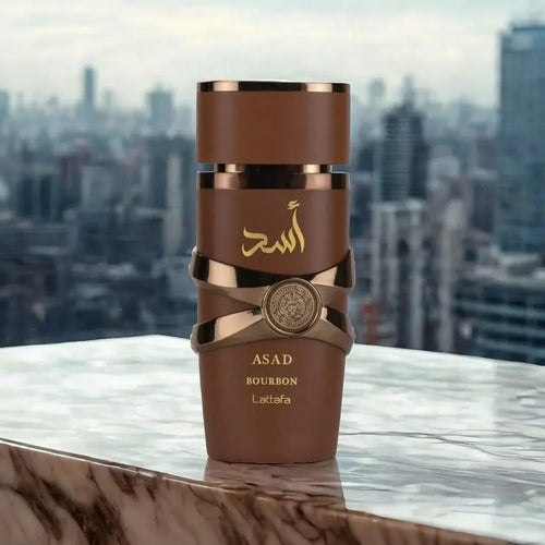 Lattafa Asad Bourbon Eau De Parfum 3.4 oz in elegant bottle against city skyline background.
