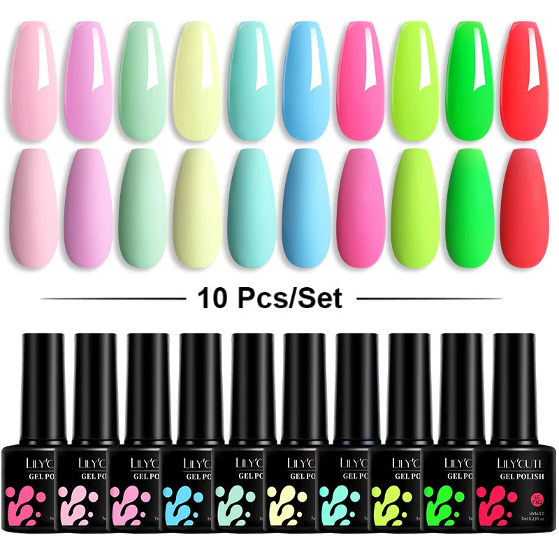 LILYCUTE 10PCS/Set Набір гель-лаків для нігтів Рожевий фіолетовий гель для нігтів Напівперманентний УФ світлодіодний лак Nail Art Design Soak Off Набір гелів для нігтів