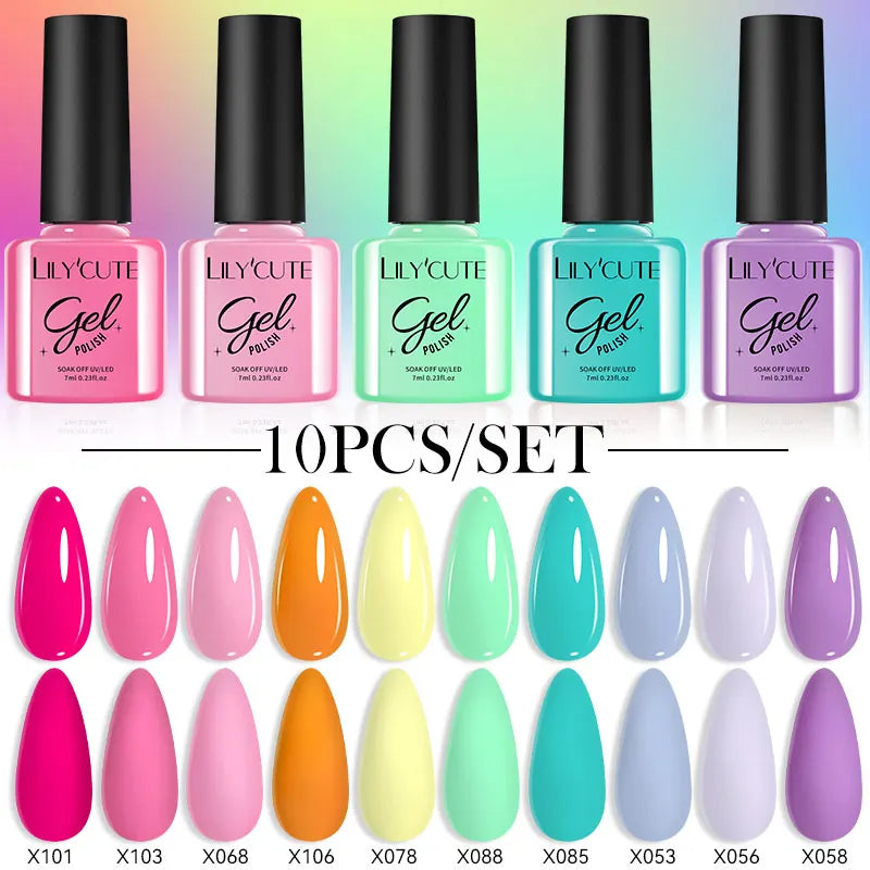 LILYCUTE 10PCS/Set Набір гель-лаків для нігтів Рожевий фіолетовий гель для нігтів Напівперманентний УФ світлодіодний лак Nail Art Design Soak Off Набір гелів для нігтів