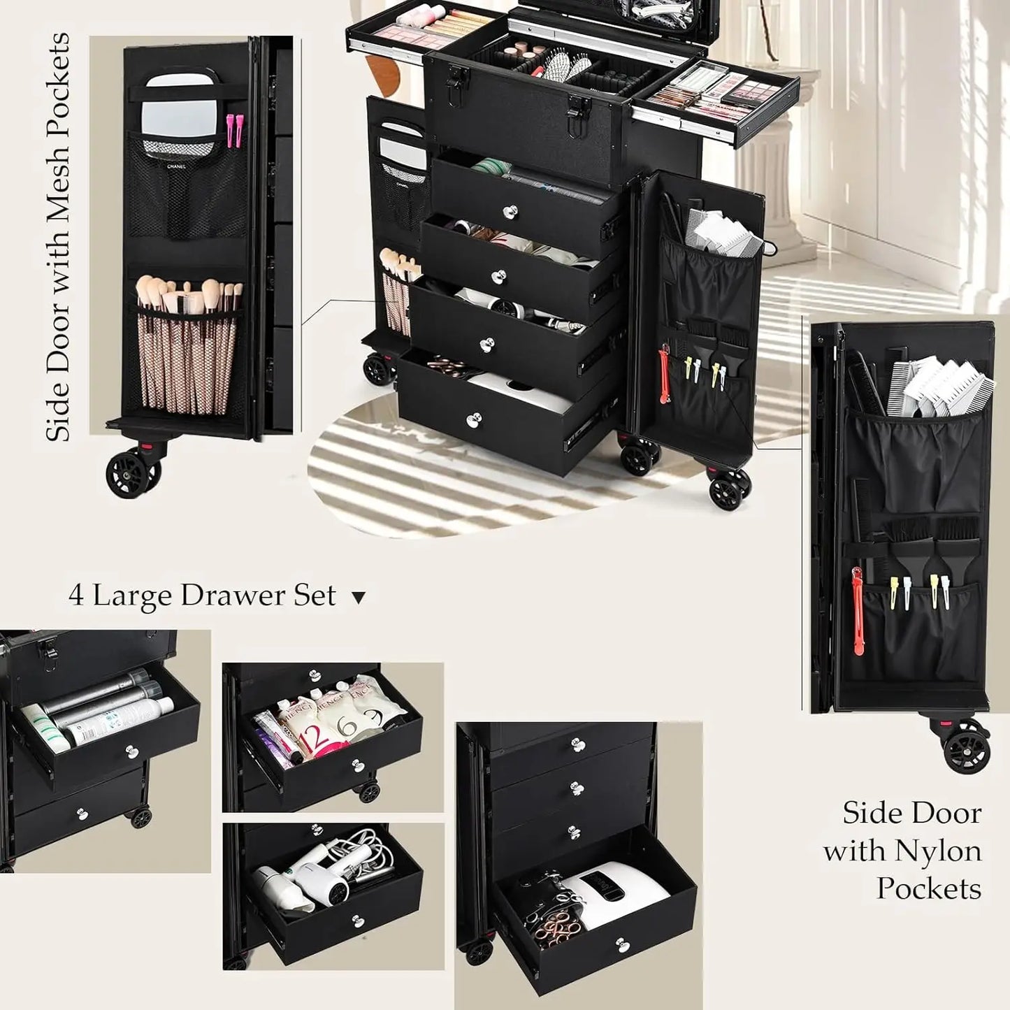 Professional Rolling Makeup Case 4 Drawers Artist Cosmetic Train Case Hairstylist Travel Case Portable Station
