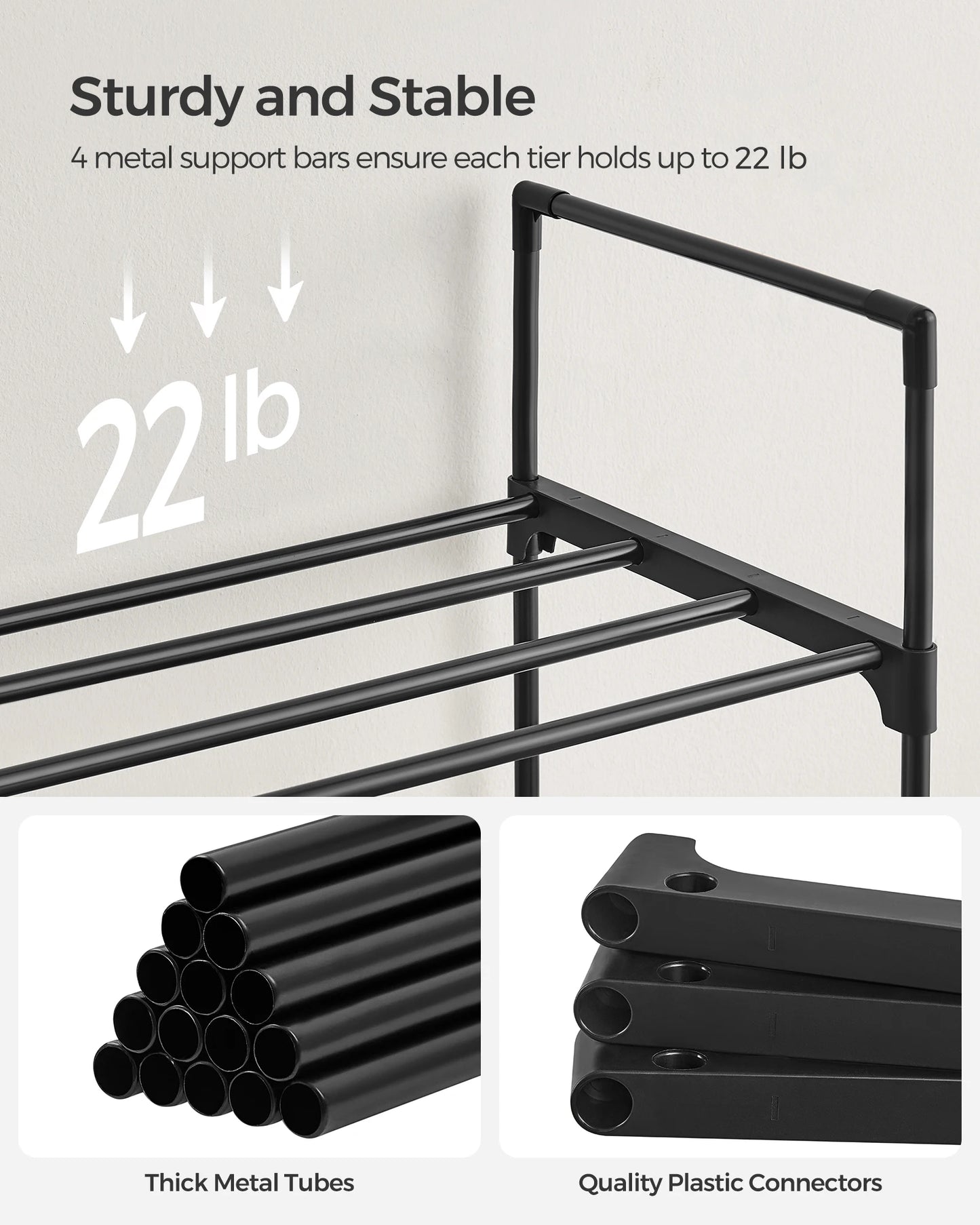 SONGMICS Shoe Rack, 3 Tier Shoe Organizer, Metal Shoe Storage Shelf for 15 Pairs of Shoes, Easy to Assemble, Entryway