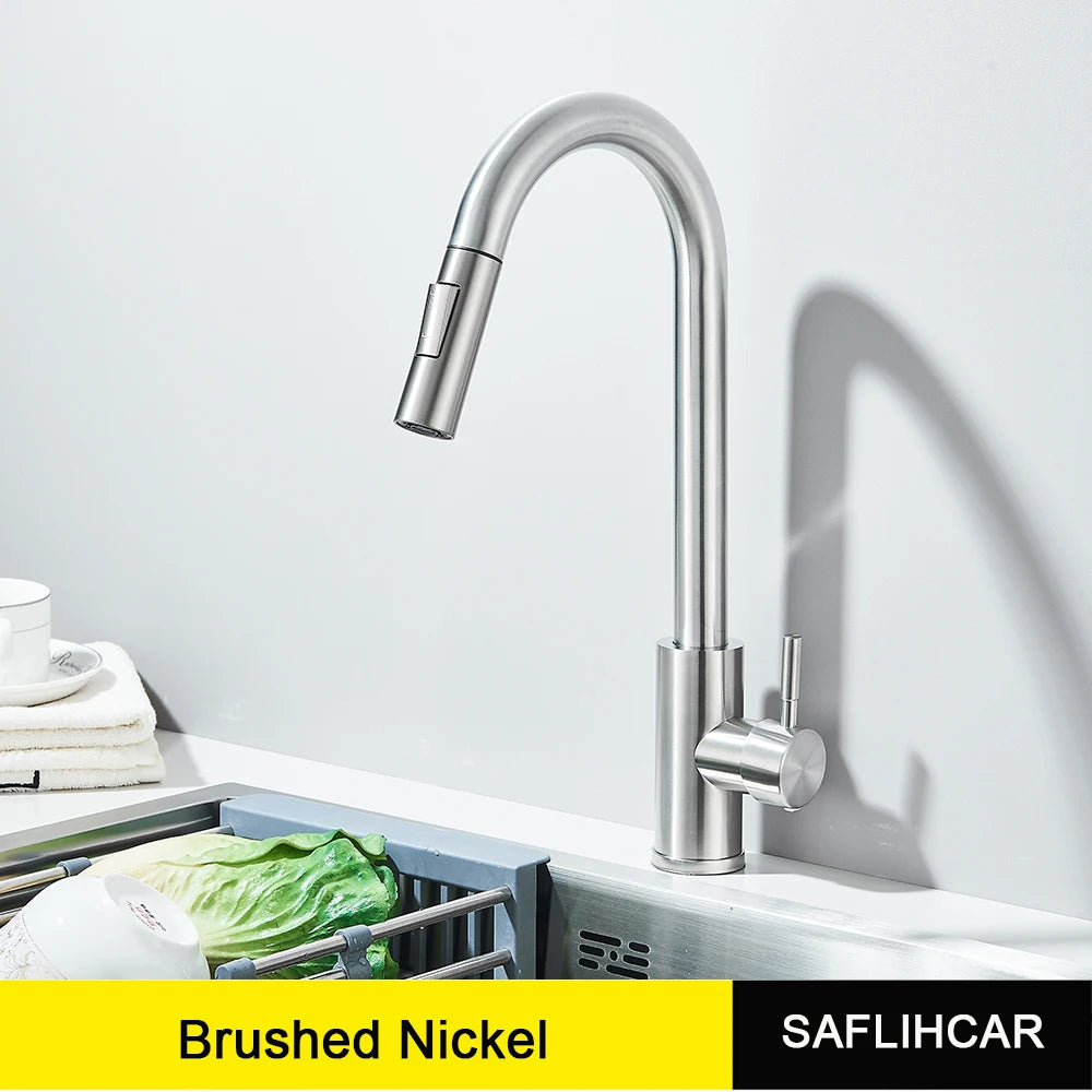 Polished Gold Kitchen Sink Faucet Pull Out Spout Cold Hot Water Mixer Taps Deck Mounted