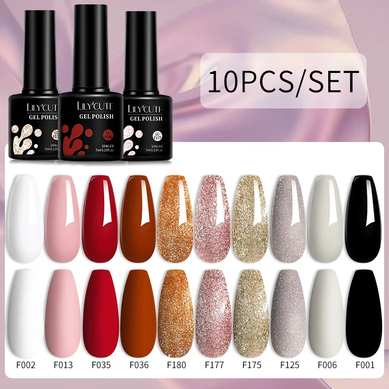 LILYCUTE 10PCS/Set Набір гель-лаків для нігтів Рожевий фіолетовий гель для нігтів Напівперманентний УФ світлодіодний лак Nail Art Design Soak Off Набір гелів для нігтів