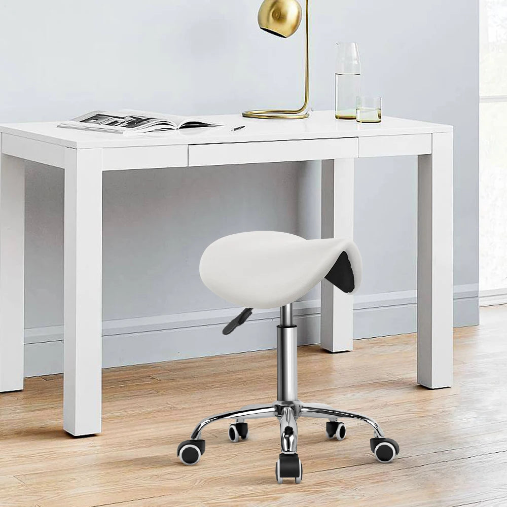 KKTONER Rolling Saddle Stool PU Leather Swivel Adjustable Rolling Stool with Wheels Salon Chair White