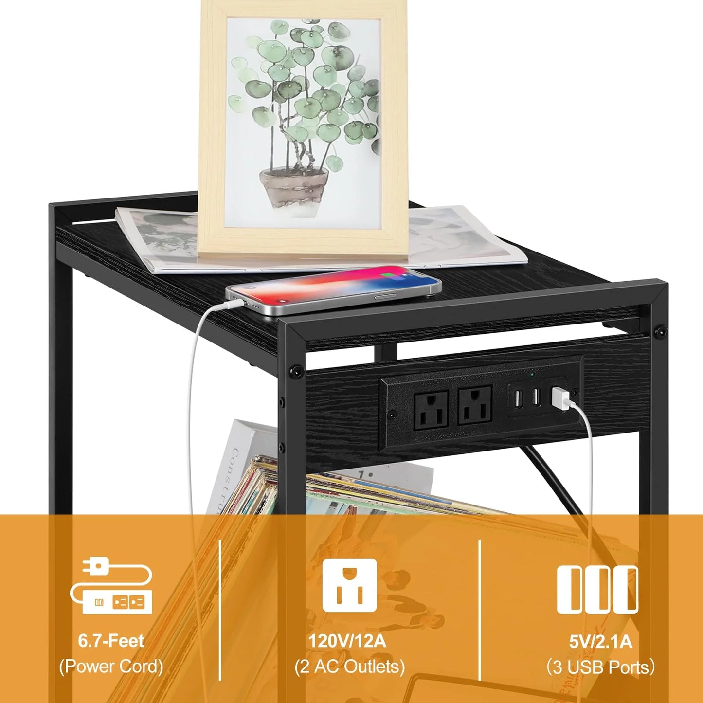 Record Player Stand with Vinyl Storage Side Table with Charging Station, 2 Tier with wheels Record Player Table for Living Room