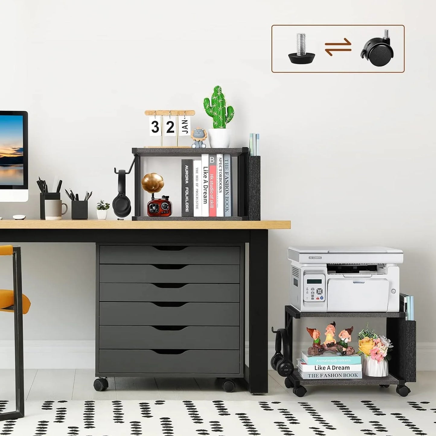 Printer Stand Under Desk Printer Table with Wheels 2 Tier Small Printer Cart with Storage Bag Desktop White Printer Stands