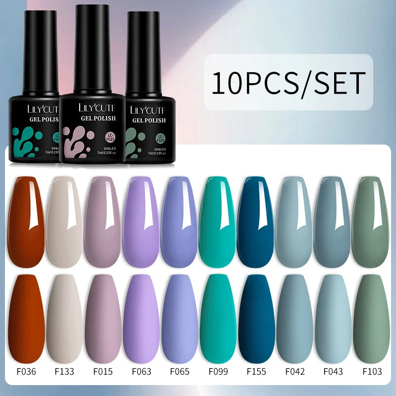 LILYCUTE 10PCS/Set Набір гель-лаків для нігтів Рожевий фіолетовий гель для нігтів Напівперманентний УФ світлодіодний лак Nail Art Design Soak Off Набір гелів для нігтів