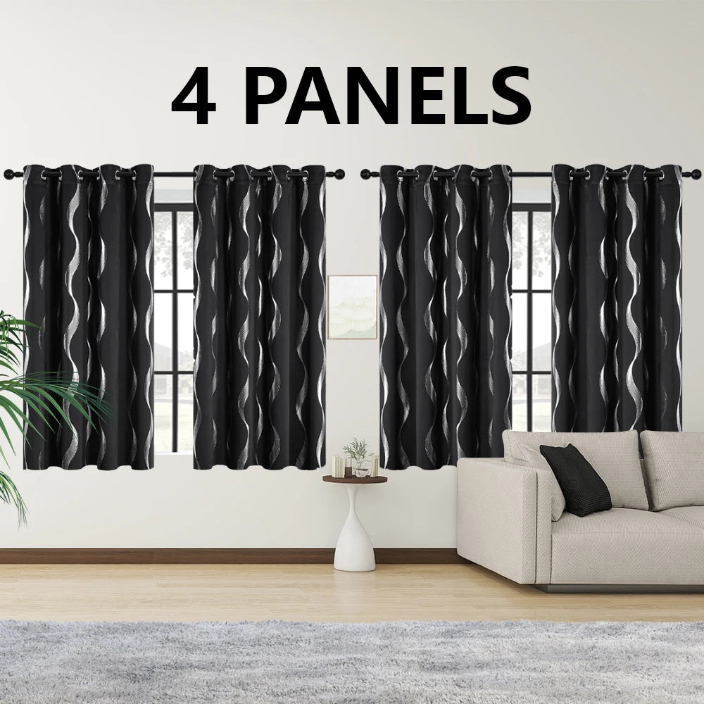 4Pcs Blackout Curtains Grommet Thermal Insulated Room Darkening With Wave Foil Printed For Bedroom