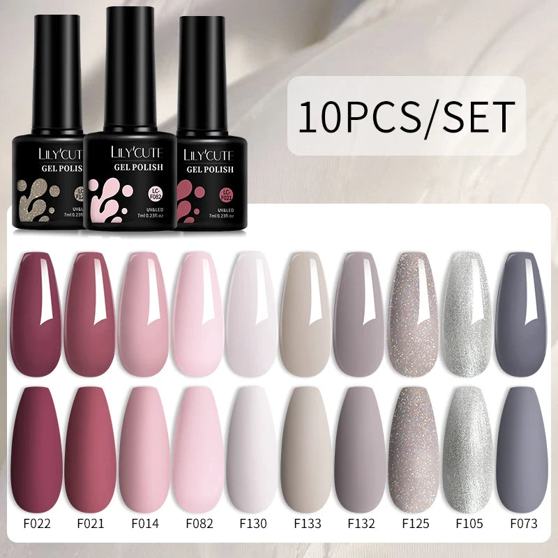 LILYCUTE 10PCS/Set Набір гель-лаків для нігтів Рожевий фіолетовий гель для нігтів Напівперманентний УФ світлодіодний лак Nail Art Design Soak Off Набір гелів для нігтів