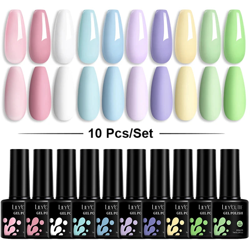LILYCUTE 10PCS/Set Набір гель-лаків для нігтів Рожевий фіолетовий гель для нігтів Напівперманентний УФ світлодіодний лак Nail Art Design Soak Off Набір гелів для нігтів