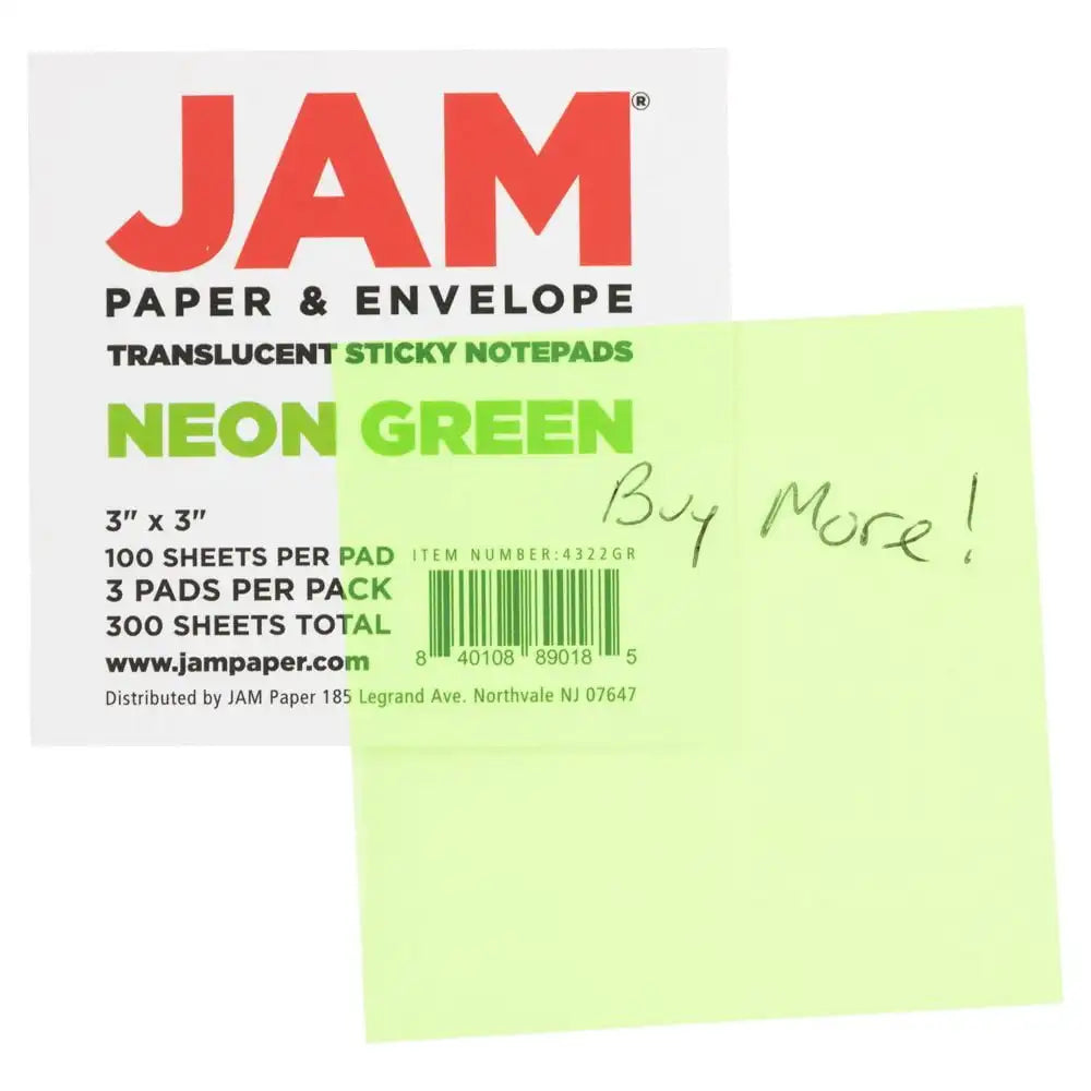 Transparent Sticky Note Pad, Green, 3 X 3, 300 Sheets/Pack