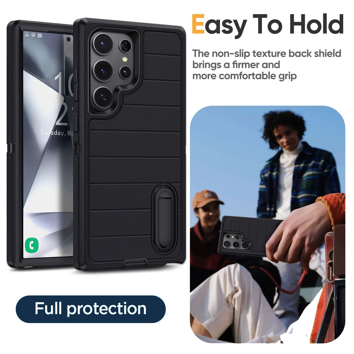 For Samsung Galaxy S24 Ultra/S24 Plus/S24 5G 3-Layers Heavy Duty Shockproof Rugged Protective Kickstand Phone Cover Black Case