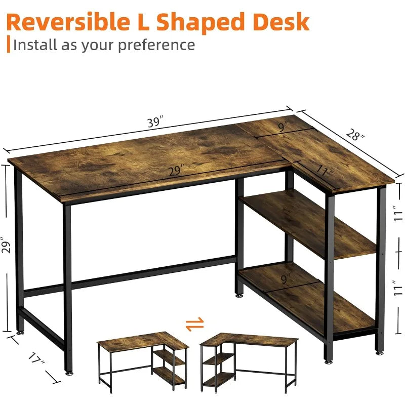 L Shaped Desk - 39" Home Office Computer Desk with Shelf, Gaming Desk Corner Table for Work, Writing and Study