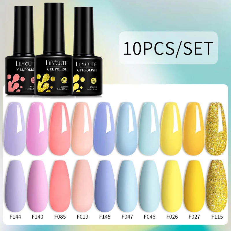 LILYCUTE 10PCS/Set Набір гель-лаків для нігтів Рожевий фіолетовий гель для нігтів Напівперманентний УФ світлодіодний лак Nail Art Design Soak Off Набір гелів для нігтів