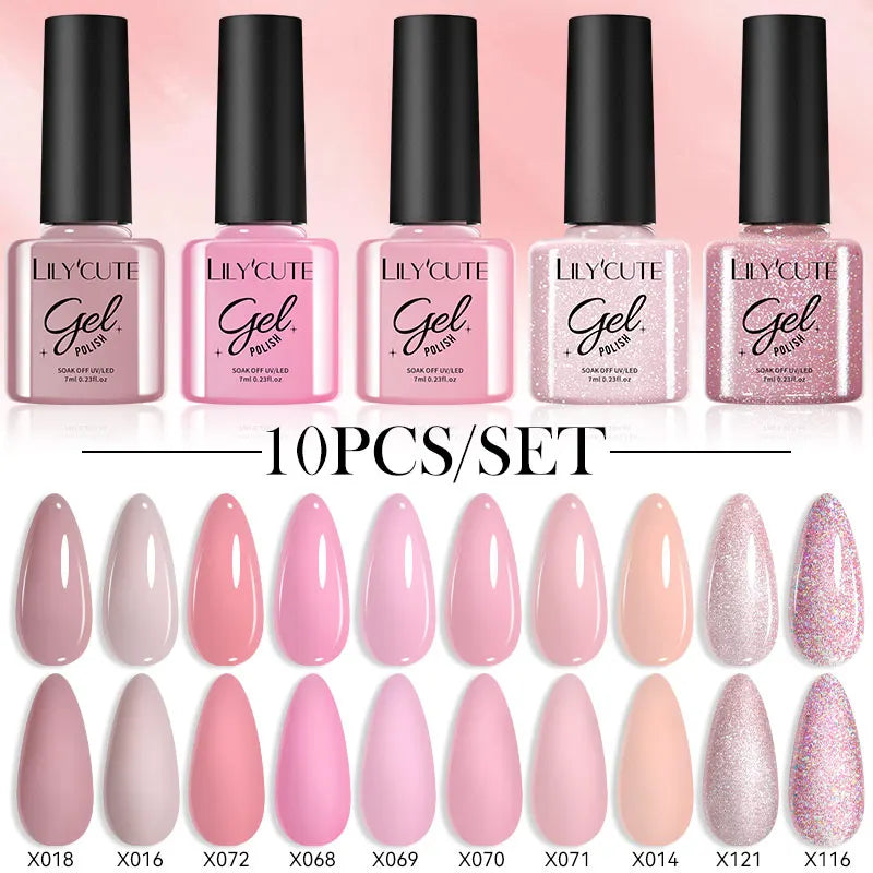 LILYCUTE 10PCS/Set Набір гель-лаків для нігтів Рожевий фіолетовий гель для нігтів Напівперманентний УФ світлодіодний лак Nail Art Design Soak Off Набір гелів для нігтів