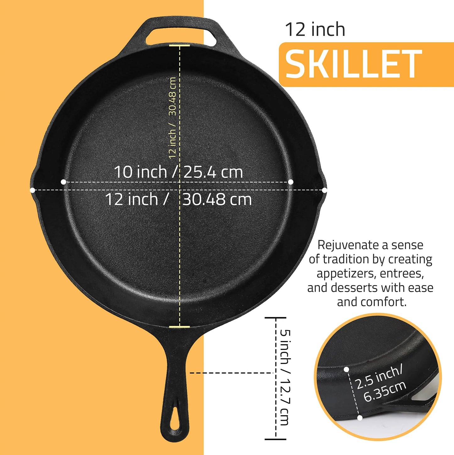 30cm Cast Iron Pre-Seasoned Skillet With Silicone Hot Handle Holder Frying Pan 12"Chefs Pan Use in the Oven on the Stove or Over