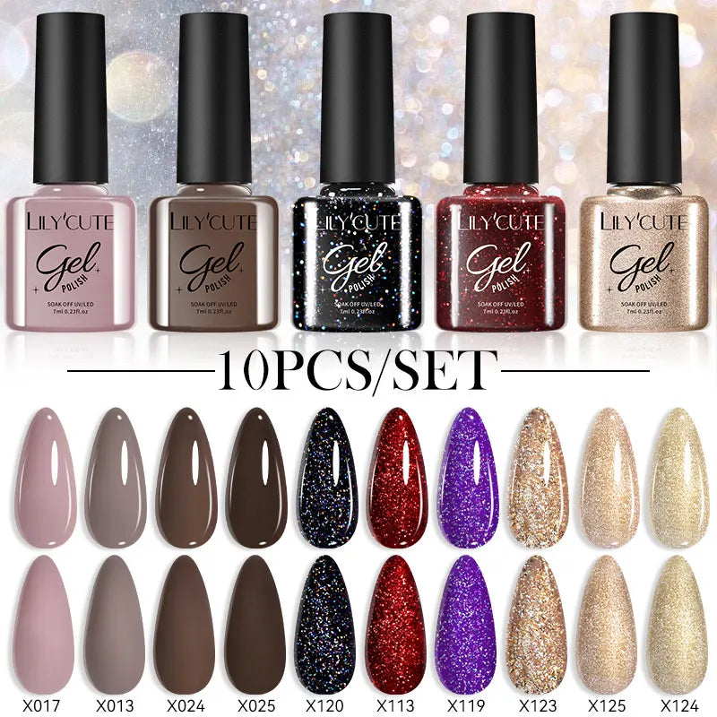 LILYCUTE 10PCS/Set Набір гель-лаків для нігтів Рожевий фіолетовий гель для нігтів Напівперманентний УФ світлодіодний лак Nail Art Design Soak Off Набір гелів для нігтів