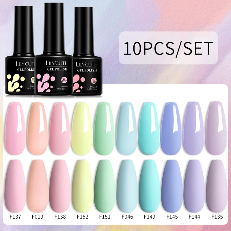 LILYCUTE 10PCS/Set Набір гель-лаків для нігтів Рожевий фіолетовий гель для нігтів Напівперманентний УФ світлодіодний лак Nail Art Design Soak Off Набір гелів для нігтів