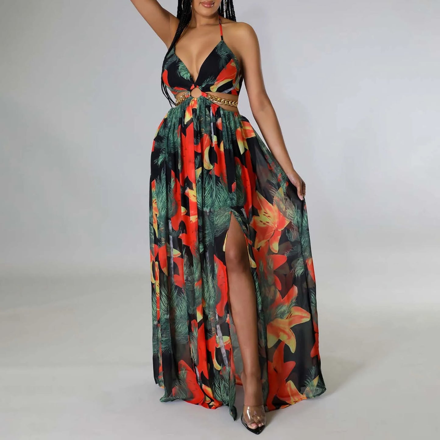 Floral Print Maxi Dress For Women Stylish French Halterneck Summer Dress Mid Length Camisole Dress Elegant High Split Dress