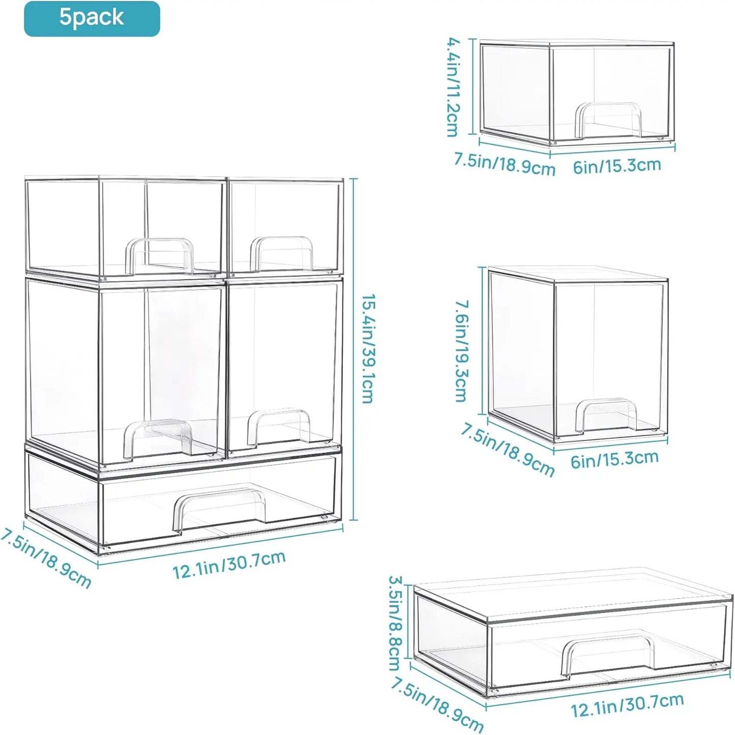 Stackable Storage Drawers Set of 5, Clear Plastic Organizer Bins for Beauty Supplies,Ideal for Vanity, Bathroom