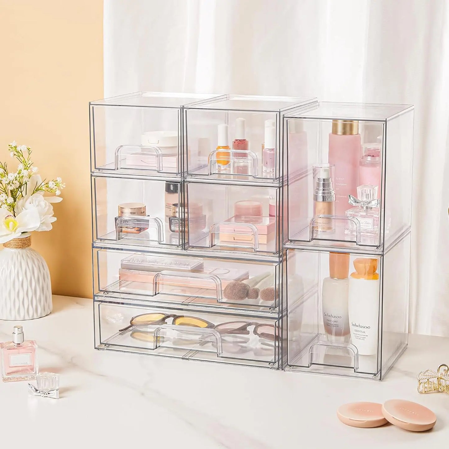 Stackable Storage Drawers Set of 5, Clear Plastic Organizer Bins for Beauty Supplies,Ideal for Vanity, Bathroom