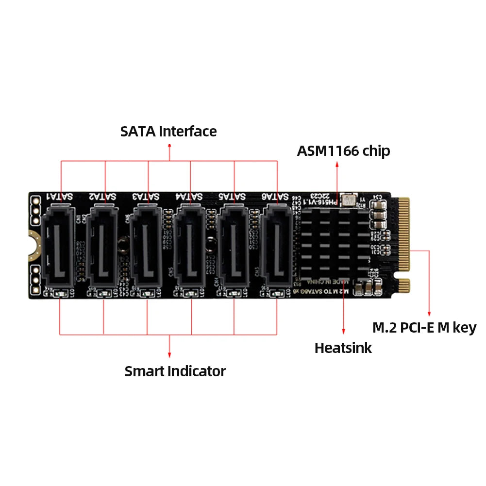 M2 M-EKY PCIE3.0 To SATA6G Docking Expansion Card 6 Port Expansion Card 16000 MB/s Transmission Speed for Hard Disk Support SATA
