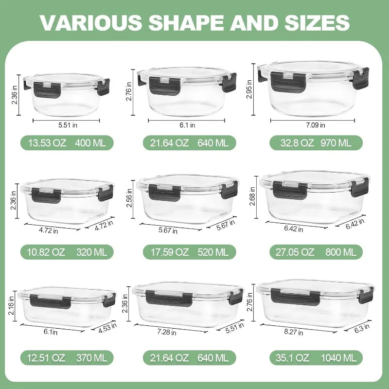 12 Pack Glass Food Storage Containers with Lids, Meal Prep, Pantry Kitchen Storage Containers for Lunch, Leak Proof, Airtight