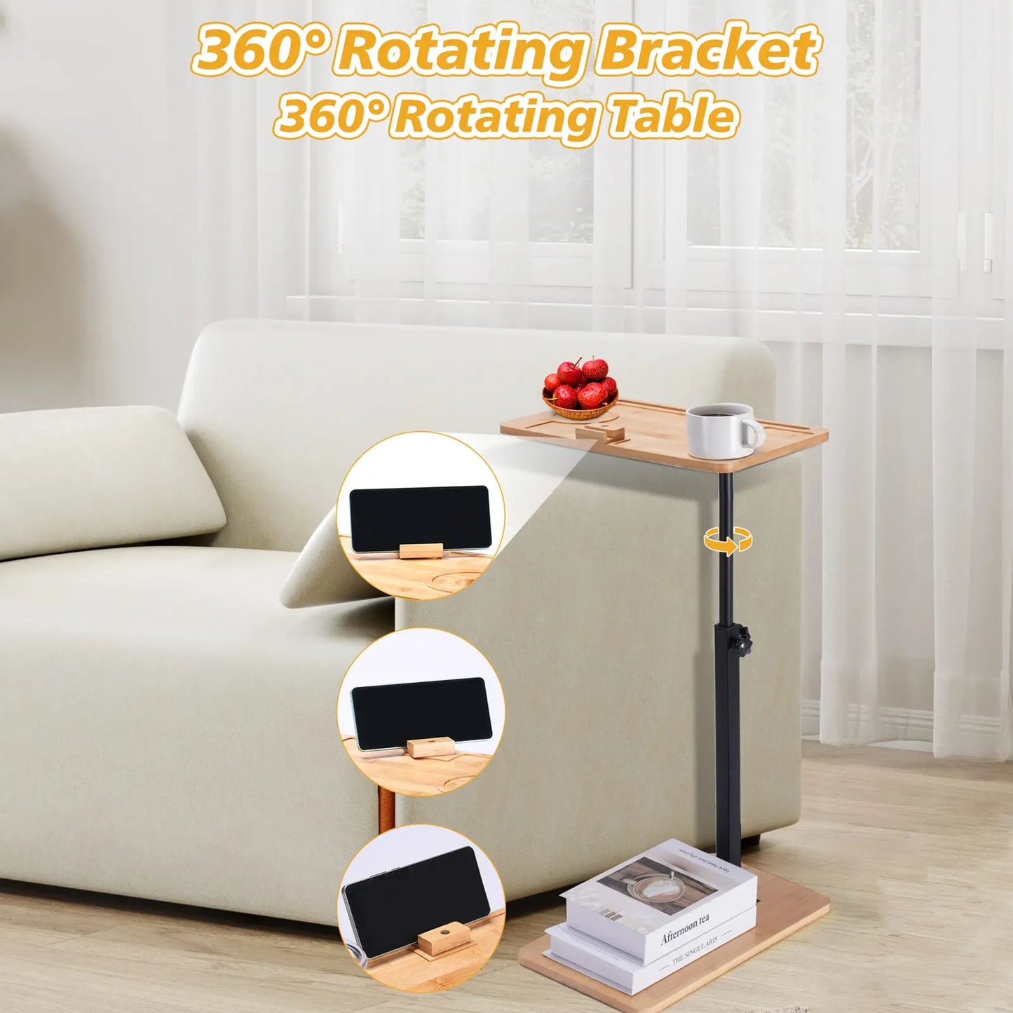 Vantic C Shaped End Table, Small Couch Side Table, Sturdy Slide Under Sofa Table with Metal Frame for Living Room & Bedroom