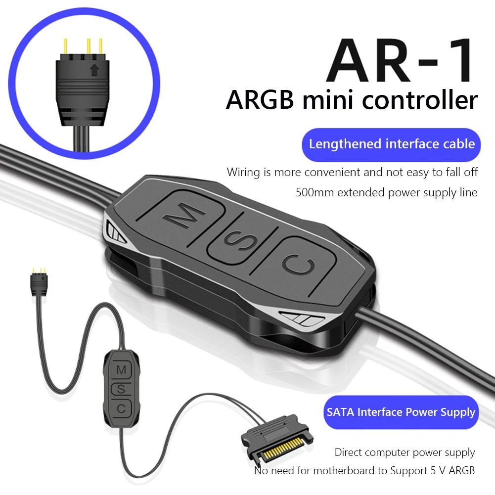 COOLMOON AR-1 RGB Controller Cable 5V 3 Pin 3pin to SATA ARGB Mini Controller HUB Adapter for PC Fan Cooling Fan Light Strip