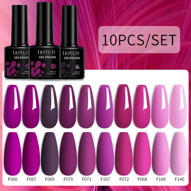 LILYCUTE 10PCS/Set Набір гель-лаків для нігтів Рожевий фіолетовий гель для нігтів Напівперманентний УФ світлодіодний лак Nail Art Design Soak Off Набір гелів для нігтів