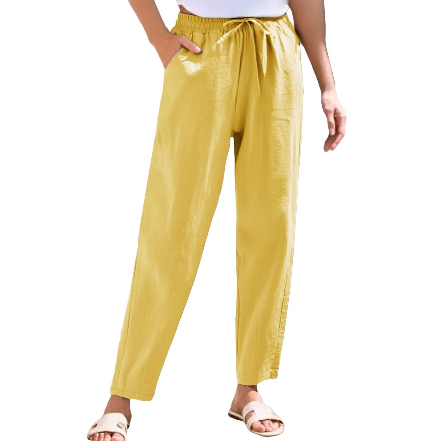 Women Cropped Pants Cotton Linen Baggy Trousers Drawstring Elastic Waist Pantalones Korean Fashion Solid Straight Pants штаны