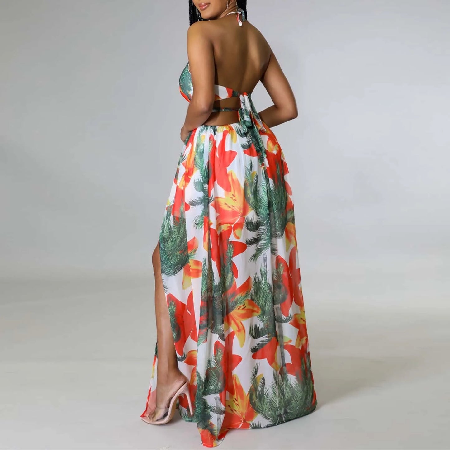 Floral Print Maxi Dress For Women Stylish French Halterneck Summer Dress Mid Length Camisole Dress Elegant High Split Dress