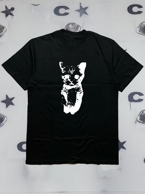 200g Cotton Men's Crew-Neck Short-Sleeve T-Shirt with Adorable Cat Print