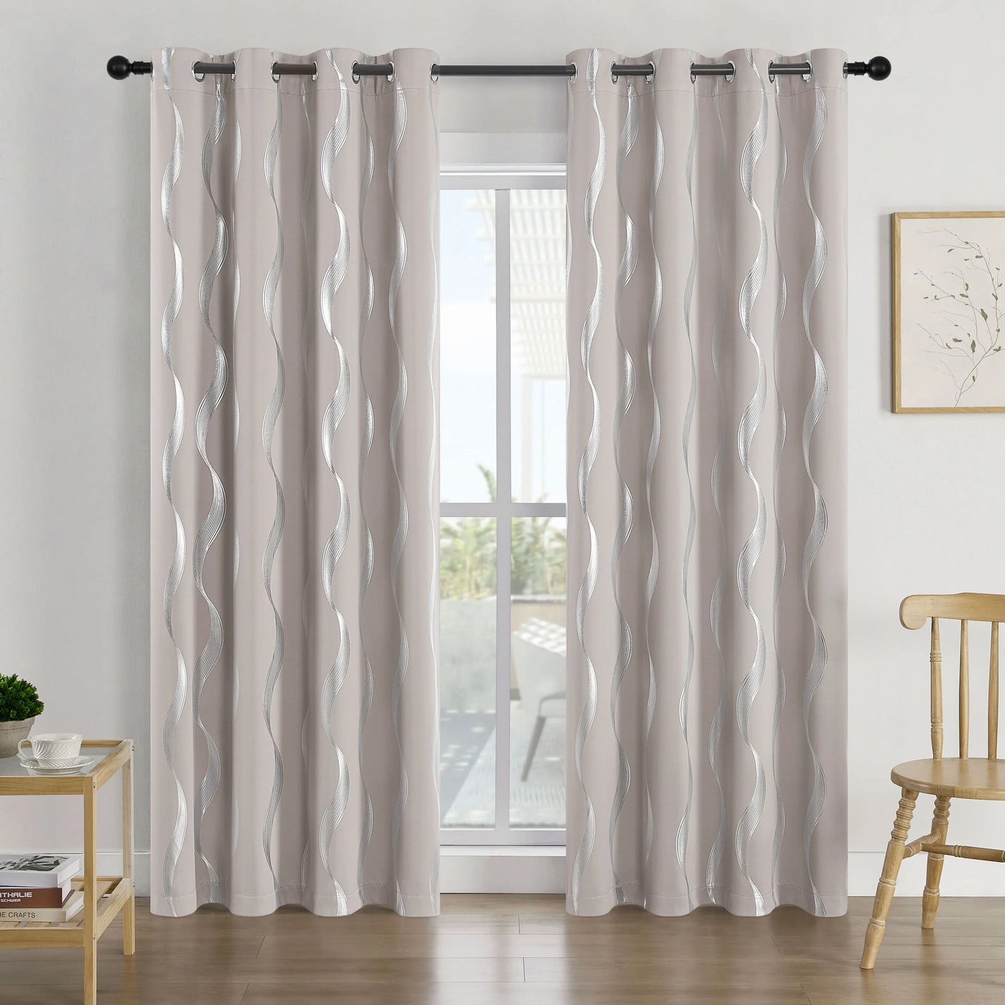 4Pcs Blackout Curtains Grommet Thermal Insulated Room Darkening With Wave Foil Printed For Bedroom