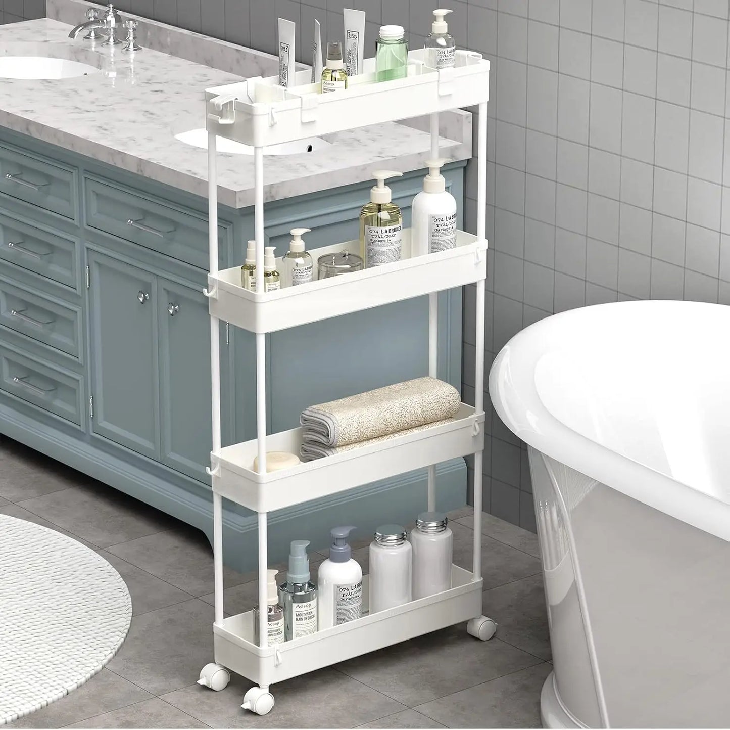Storage Cart 4 Tier,Bathroom Organizer Rolling Utility, Mobile Shelving Unit Slide Out for Office, Kitchen, Laundry Room