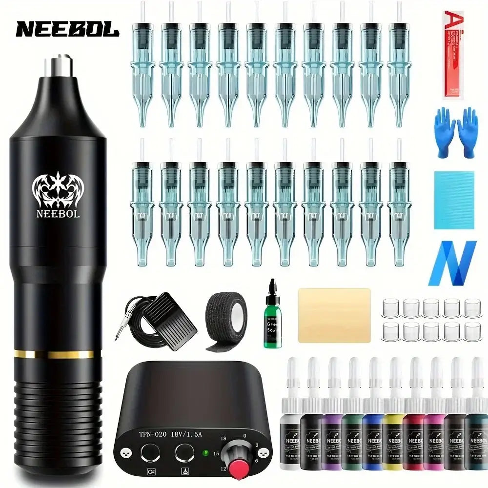 Valentine's Day Gift Neebol Wireless Tattoo Machine Kit Complete,Rotary Tattoo Pen,Tattoo Cartridge Needles, inks,Body Art Makeu
