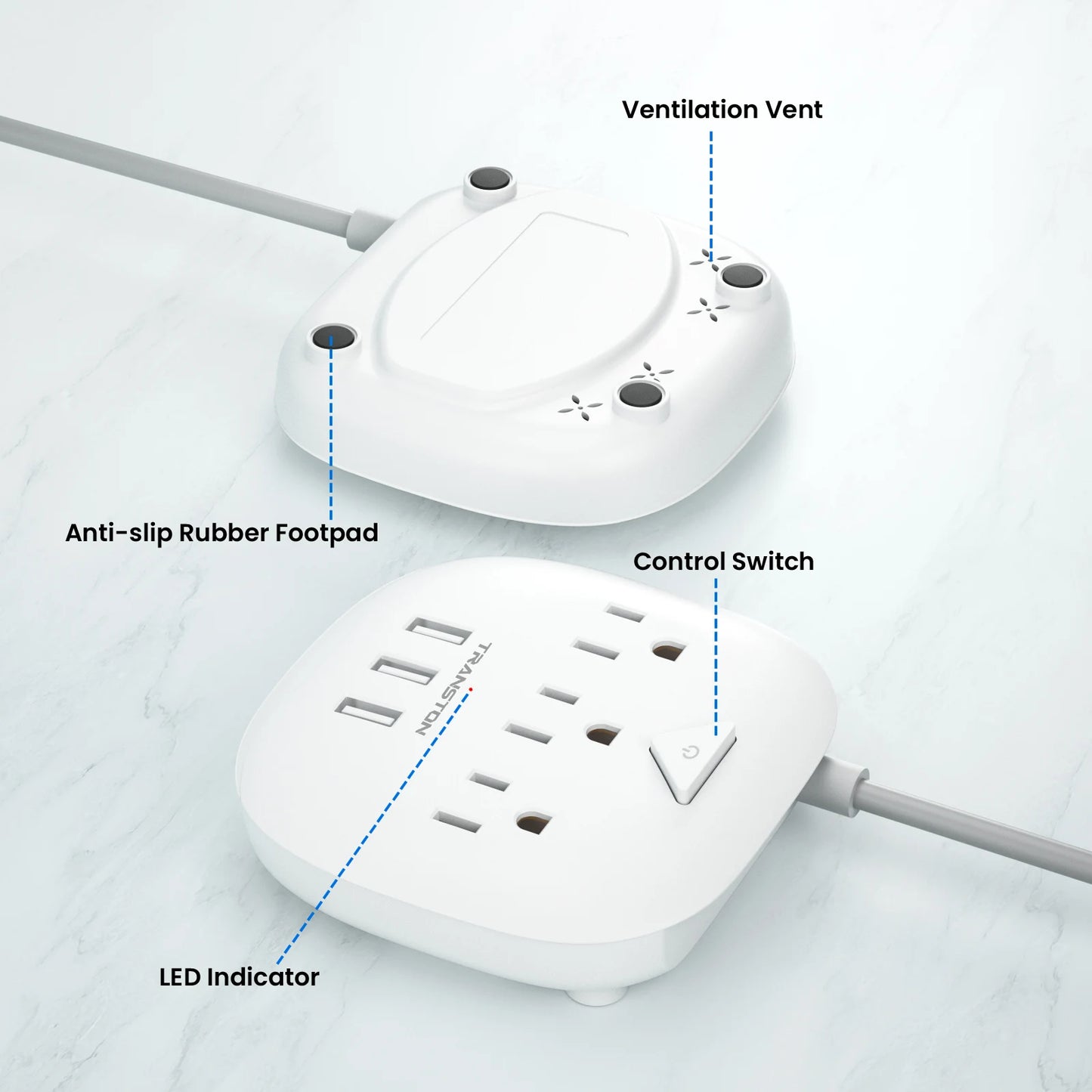 TRANSTONpower strip with switch, 3power strip , 3 USB Ports, 5ft Extension Cord, Quick Charge, Fire Resistant, For Home and off