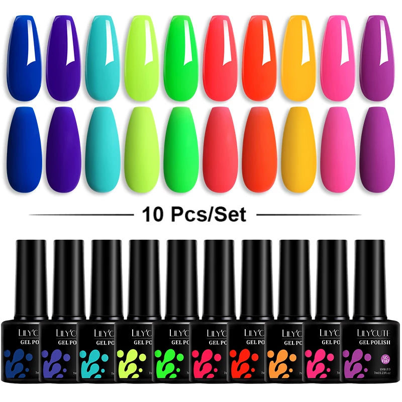 LILYCUTE 10PCS/Set Набір гель-лаків для нігтів Рожевий фіолетовий гель для нігтів Напівперманентний УФ світлодіодний лак Nail Art Design Soak Off Набір гелів для нігтів