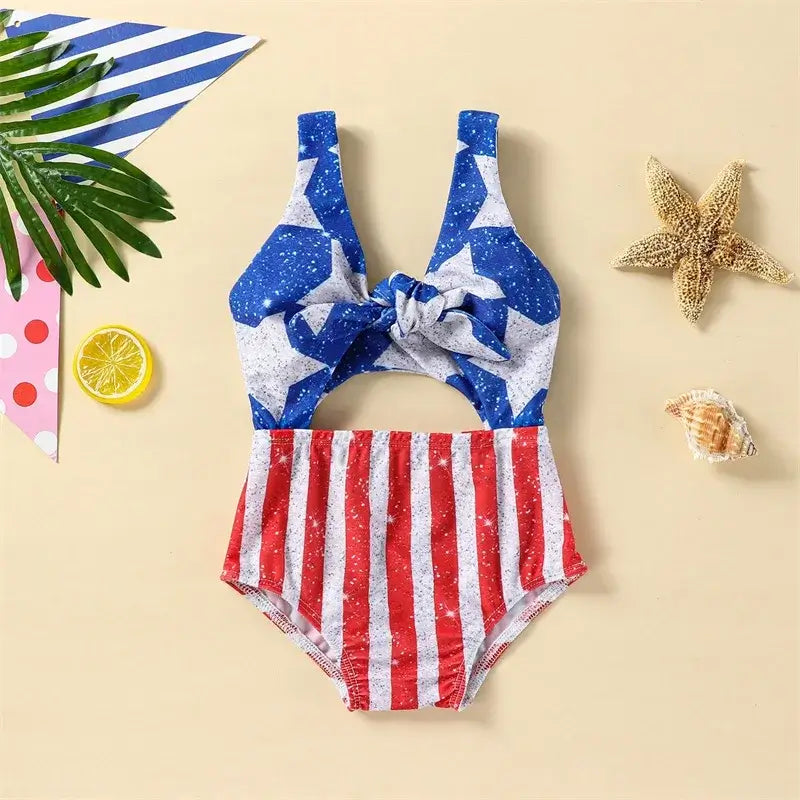 Youthful Girl s Patriotic Swimsuit Sleeveless V Neck Cutout Beach Pool Swimwear Romper for 4th of July Celebrations