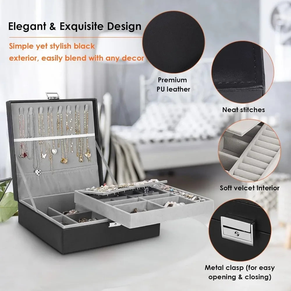 Jewelry Box, Jewelry Boxes for Women & Men with PU Leather, 2 Layer Large Jewelry Organizer Storage Case with Lock, for Necklace