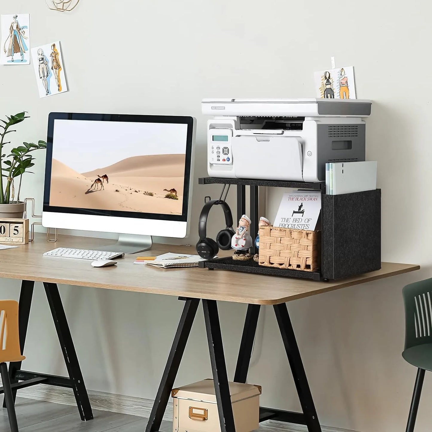 Printer Stand Under Desk Printer Table with Wheels 2 Tier Small Printer Cart with Storage Bag Desktop White Printer Stands