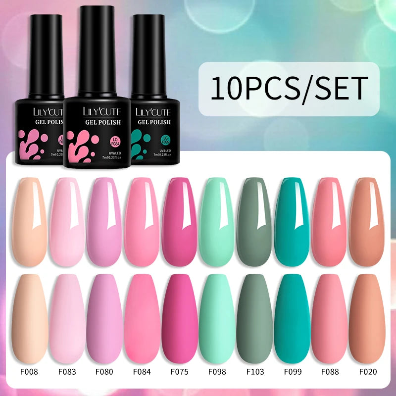 LILYCUTE 10PCS/Set Набір гель-лаків для нігтів Рожевий фіолетовий гель для нігтів Напівперманентний УФ світлодіодний лак Nail Art Design Soak Off Набір гелів для нігтів