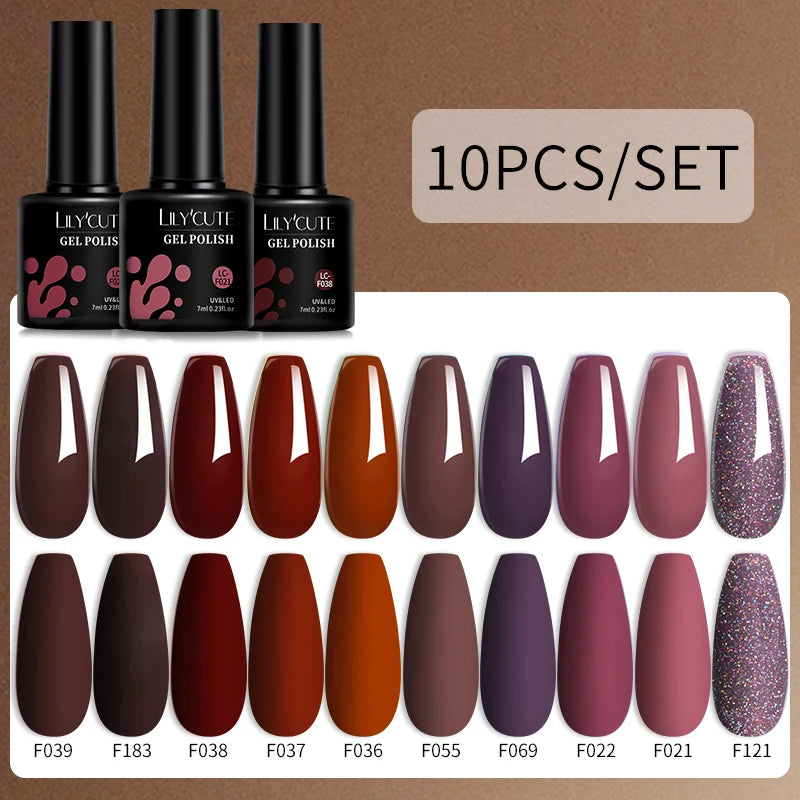 LILYCUTE 10PCS/Set Набір гель-лаків для нігтів Рожевий фіолетовий гель для нігтів Напівперманентний УФ світлодіодний лак Nail Art Design Soak Off Набір гелів для нігтів